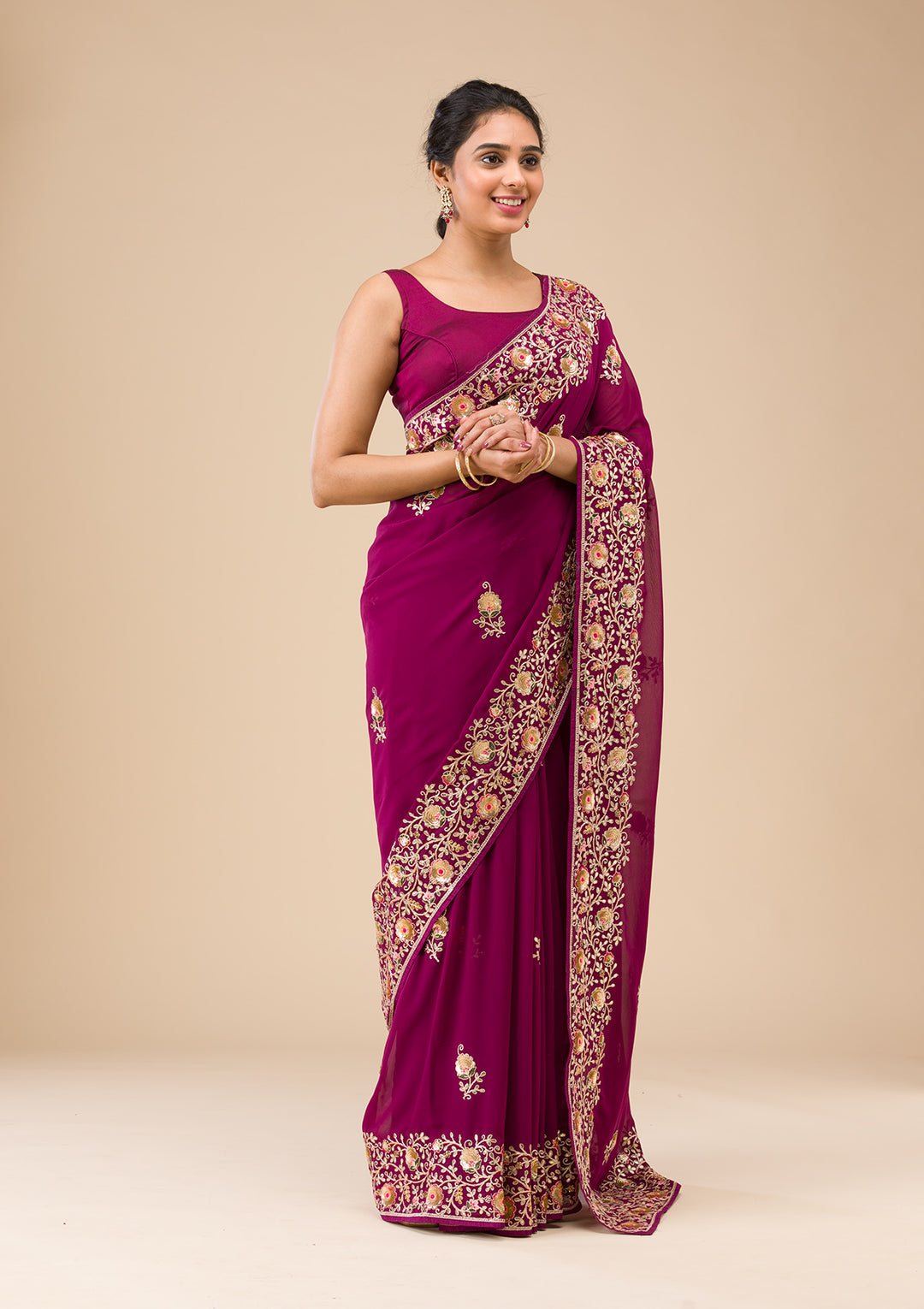 Wine Georgette Sequins Saree With Matching Blouse Piece