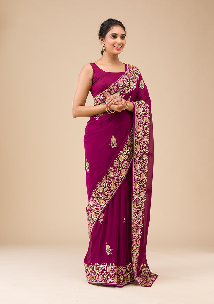 Wine Georgette Sequins Saree With Matching Blouse Piece