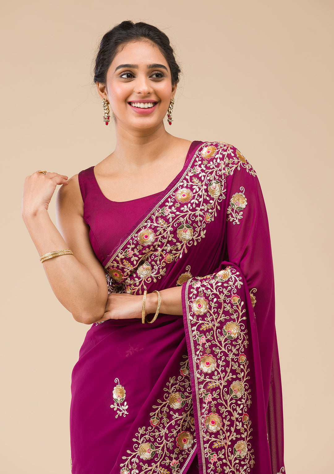 Wine Georgette Sequins Saree With Matching Blouse Piece