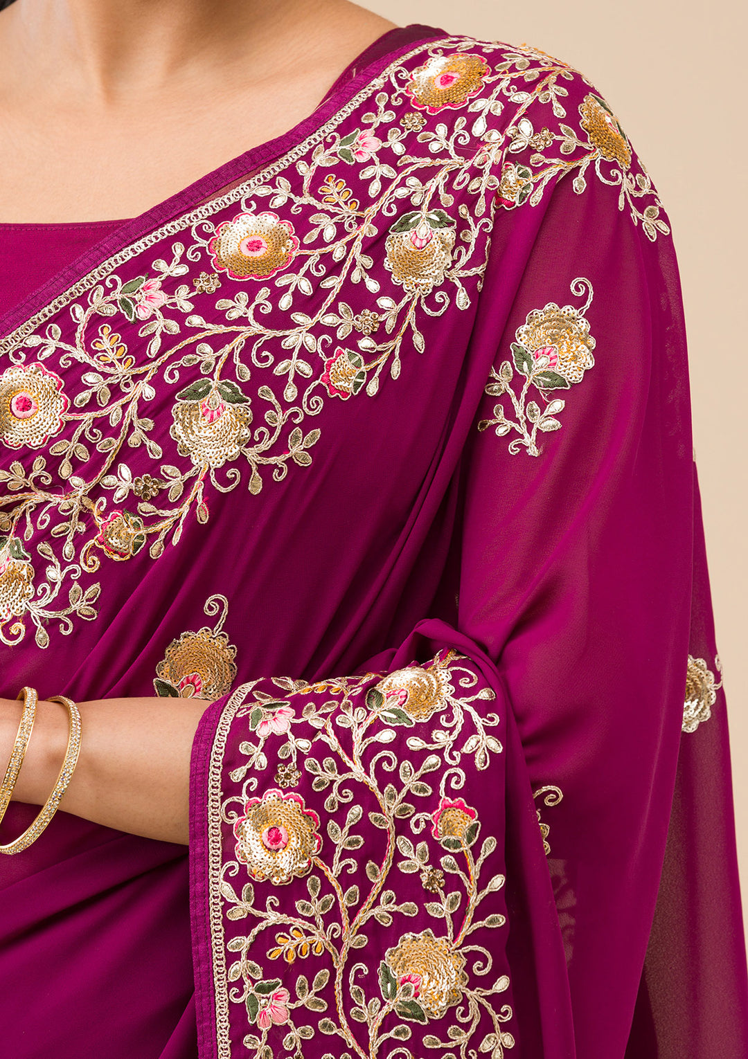 Wine Georgette Sequins Saree With Matching Blouse Piece