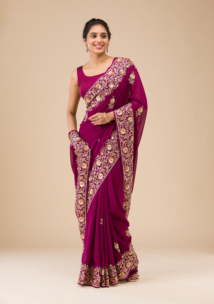 Wine Georgette Sequins Saree With Matching Blouse Piece