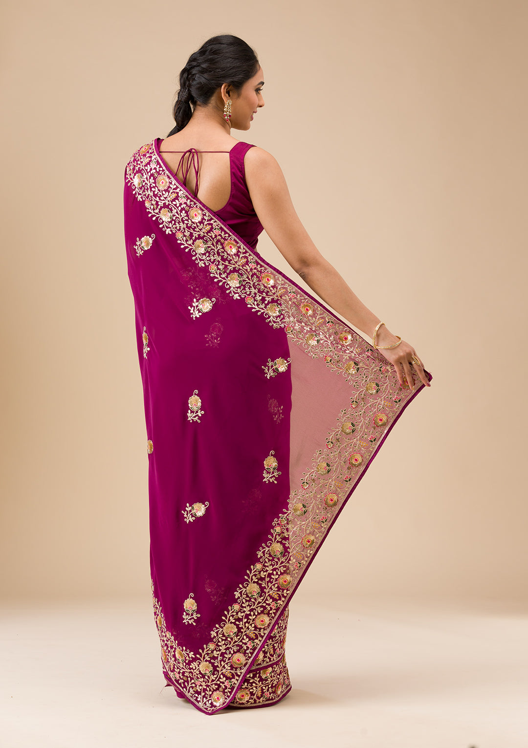 Wine Georgette Sequins Saree With Matching Blouse Piece