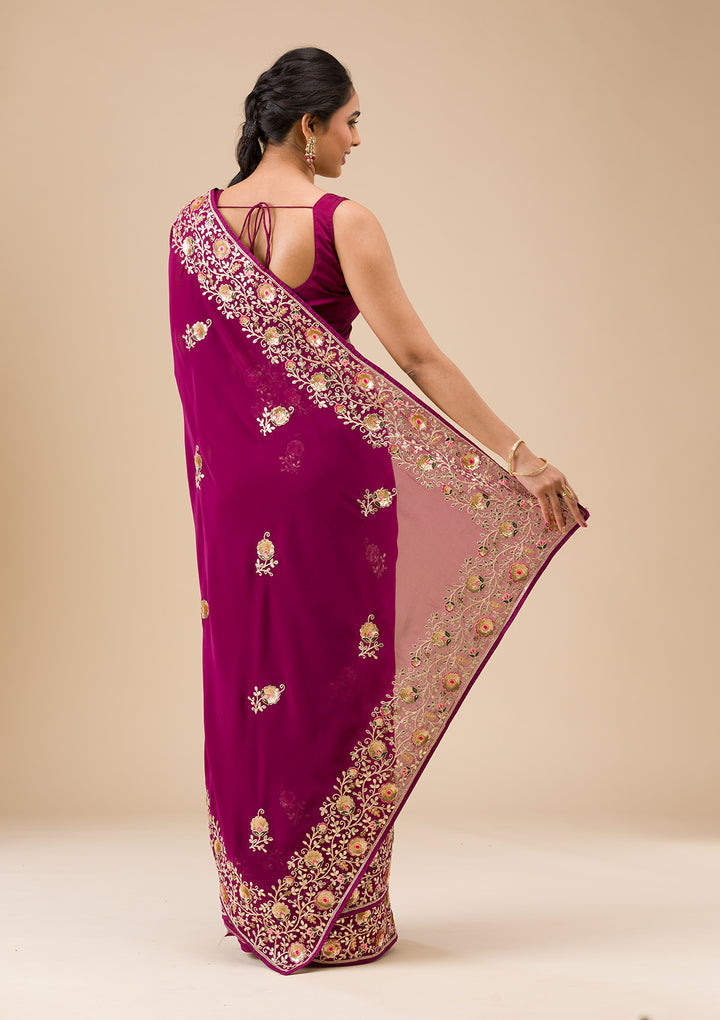 Wine Georgette Sequins Saree With Matching Blouse Piece