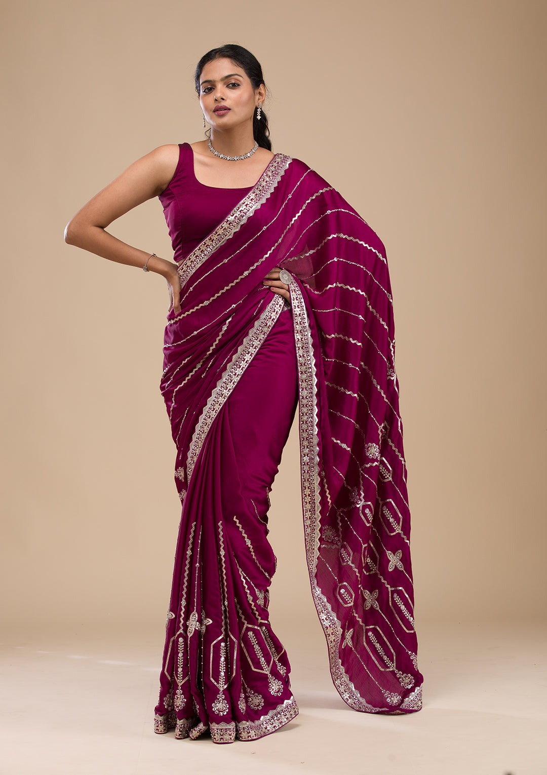 Wine Satin Gotapatti Saree With Matching Blouse Piece