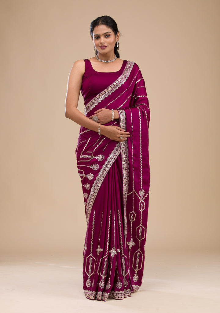 Wine Satin Gotapatti Saree With Matching Blouse Piece
