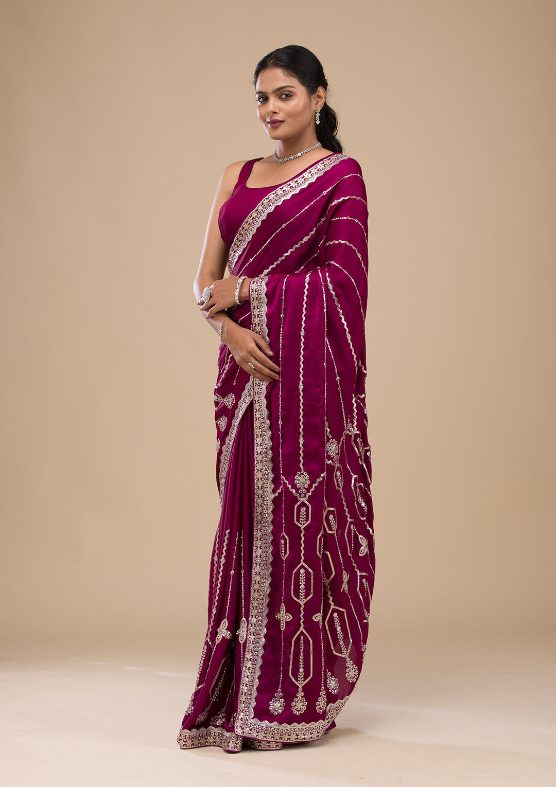 Wine Satin Gotapatti Saree With Matching Blouse Piece