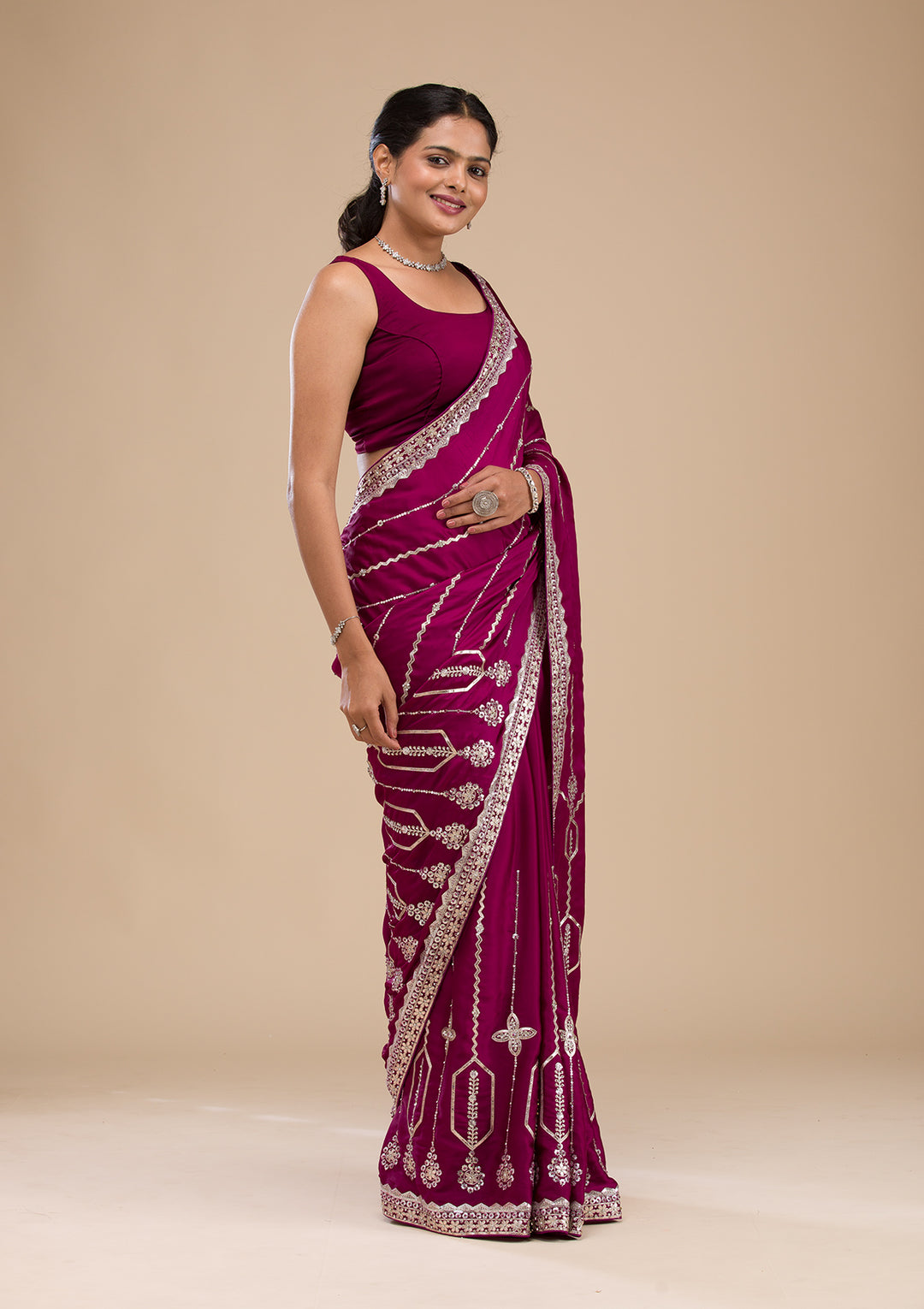 Wine Satin Gotapatti Saree With Matching Blouse Piece