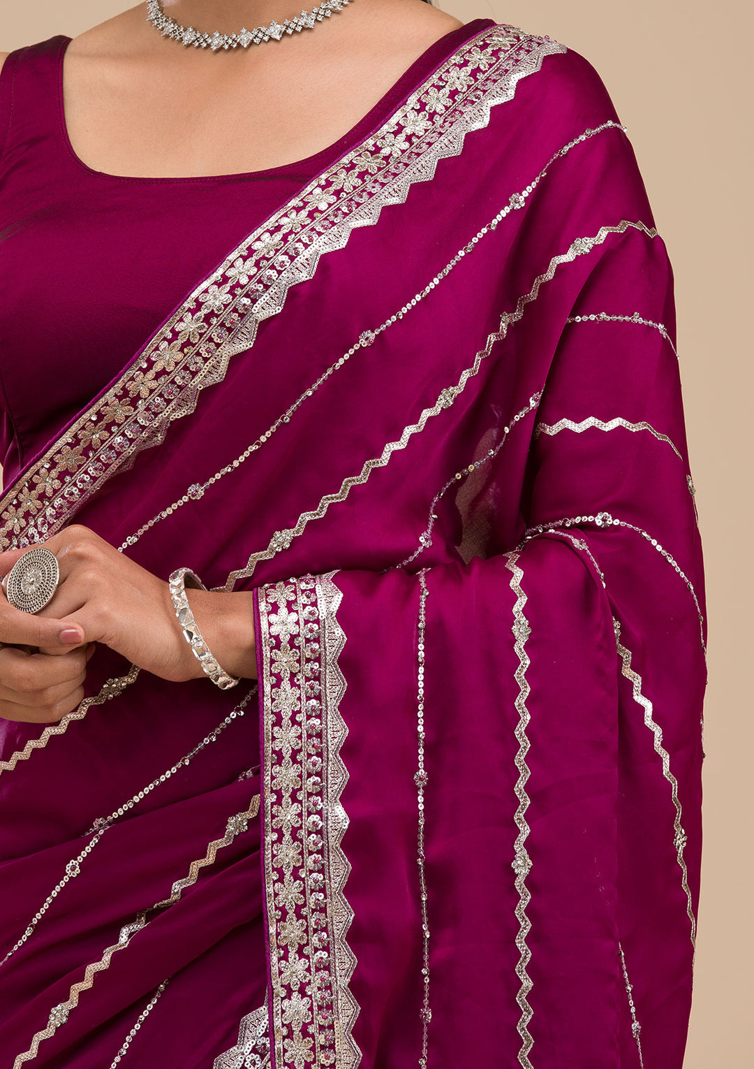 Wine Satin Gotapatti Saree With Matching Blouse Piece