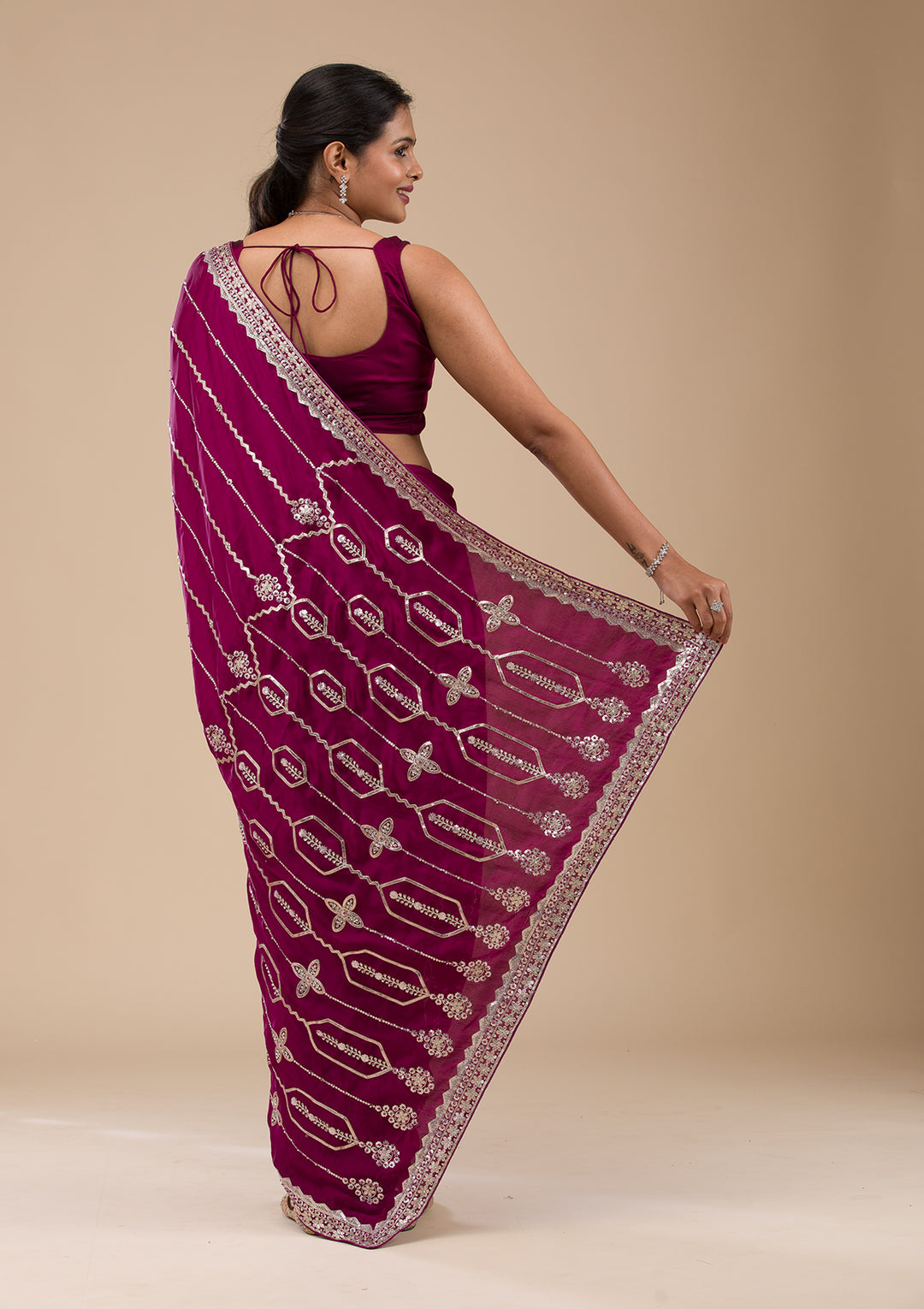 Wine Satin Gotapatti Saree With Matching Blouse Piece