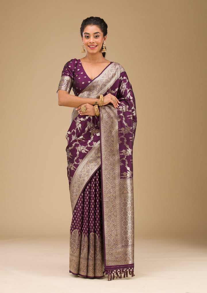 Wine Silk Jaal Gold Zariwork Saree With Matching Blouse Piece