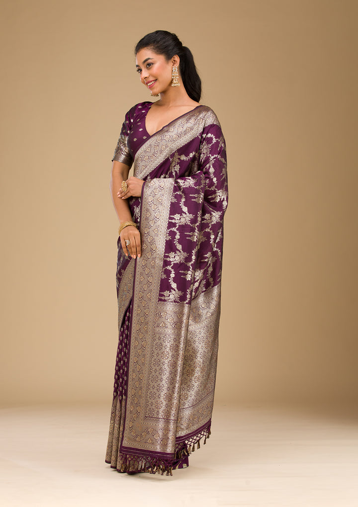 Wine Silk Jaal Gold Zariwork Saree With Matching Blouse Piece