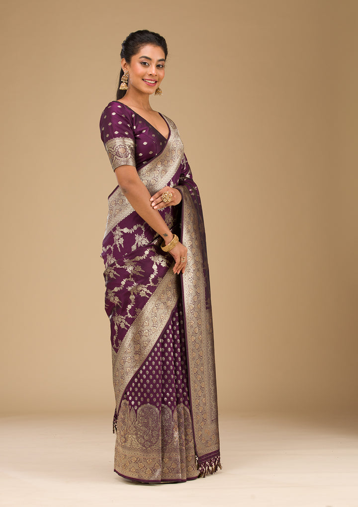 Wine Silk Jaal Gold Zariwork Saree With Matching Blouse Piece