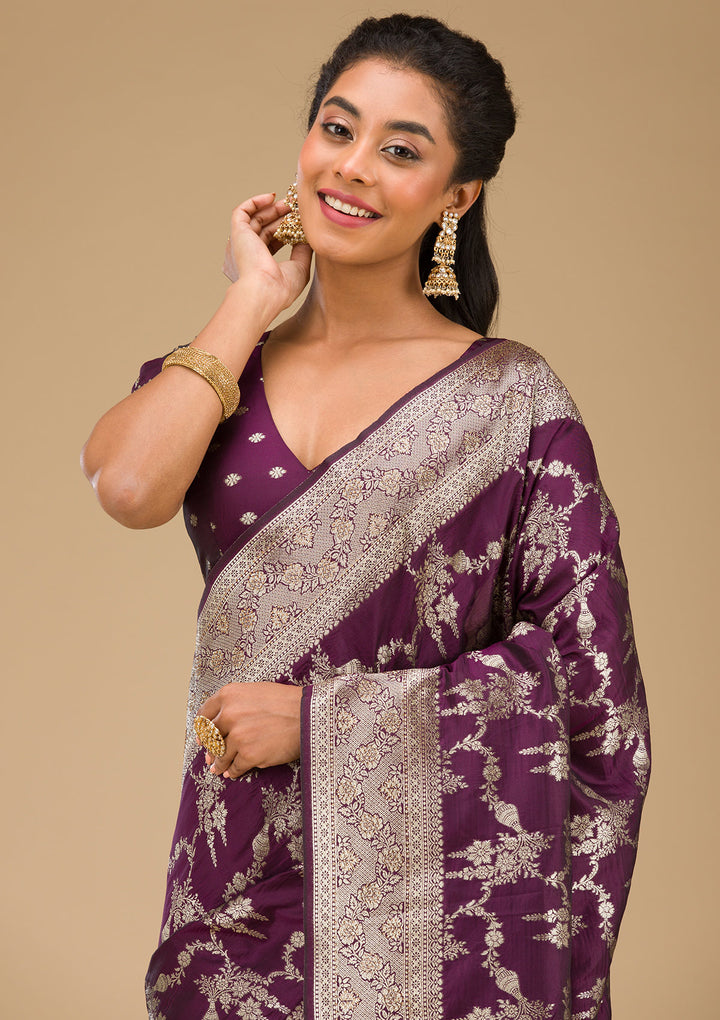 Wine Silk Jaal Gold Zariwork Saree With Matching Blouse Piece