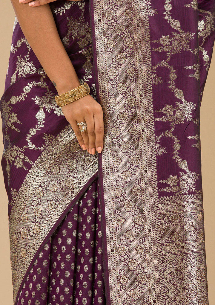 Wine Silk Jaal Gold Zariwork Saree With Matching Blouse Piece