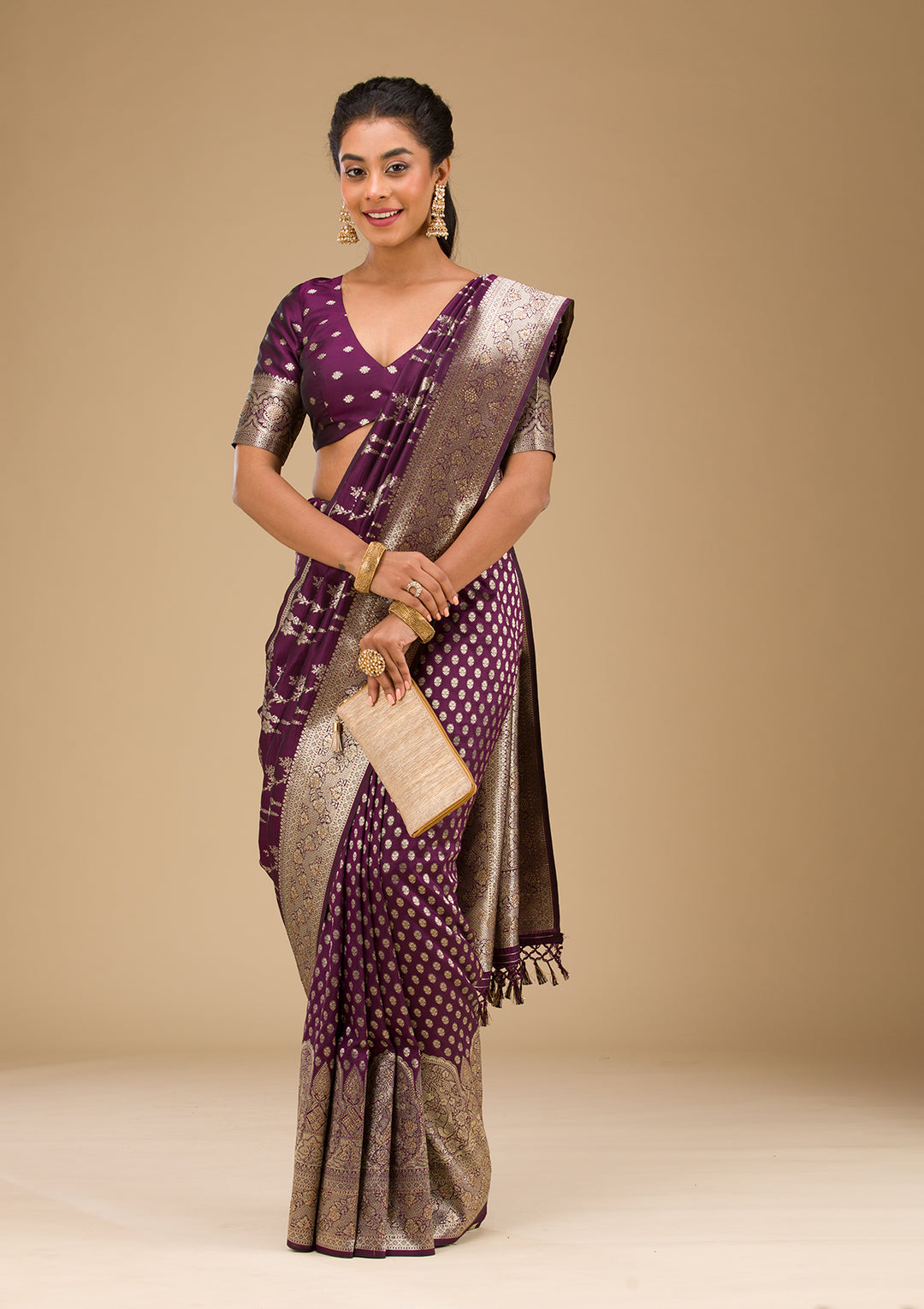 Wine Silk Jaal Gold Zariwork Saree With Matching Blouse Piece