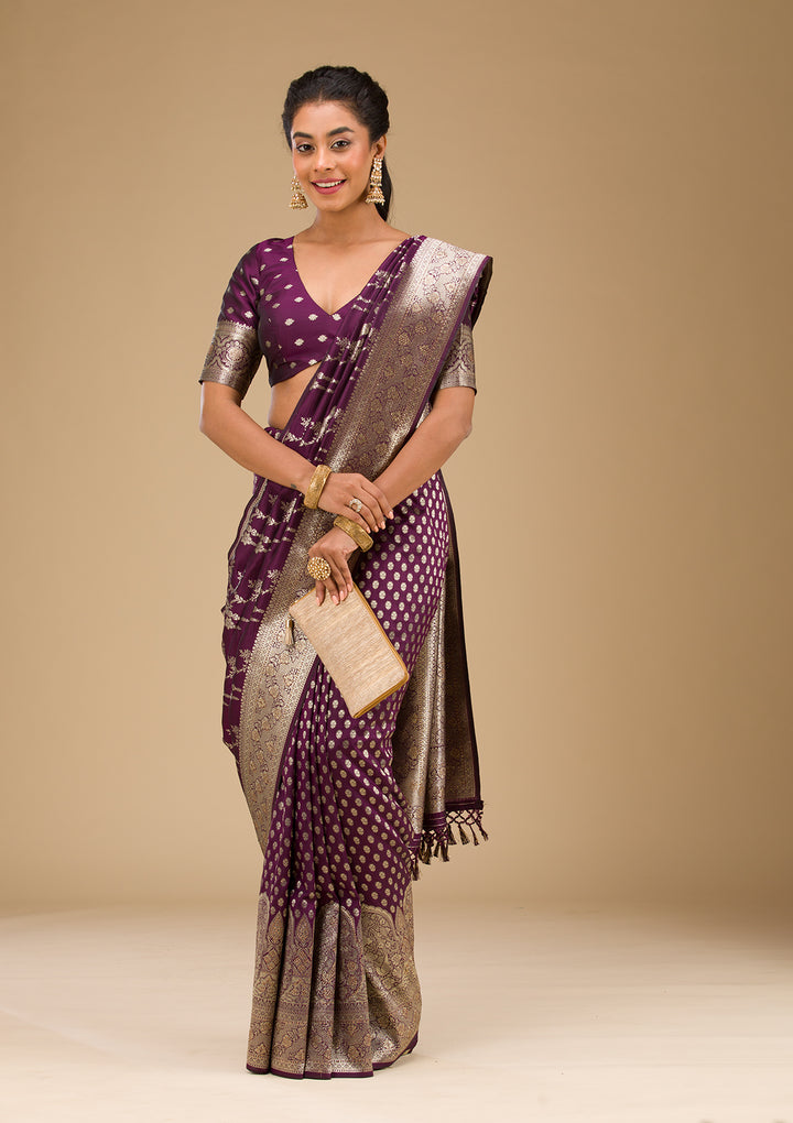 Wine Silk Jaal Gold Zariwork Saree With Matching Blouse Piece