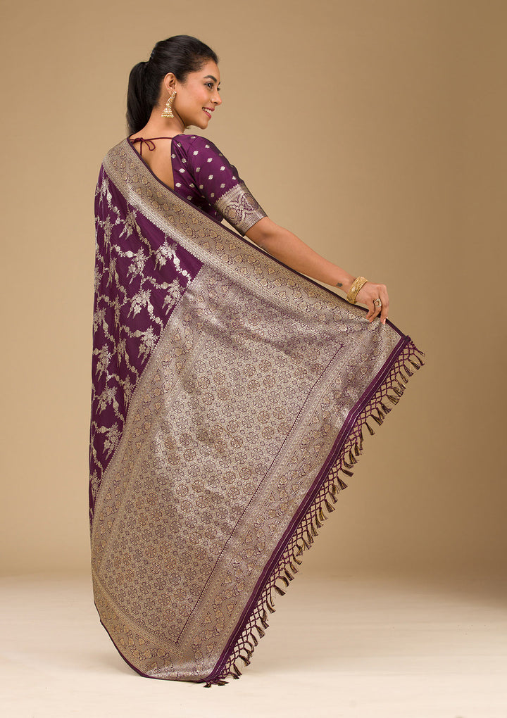 Wine Silk Jaal Gold Zariwork Saree With Matching Blouse Piece