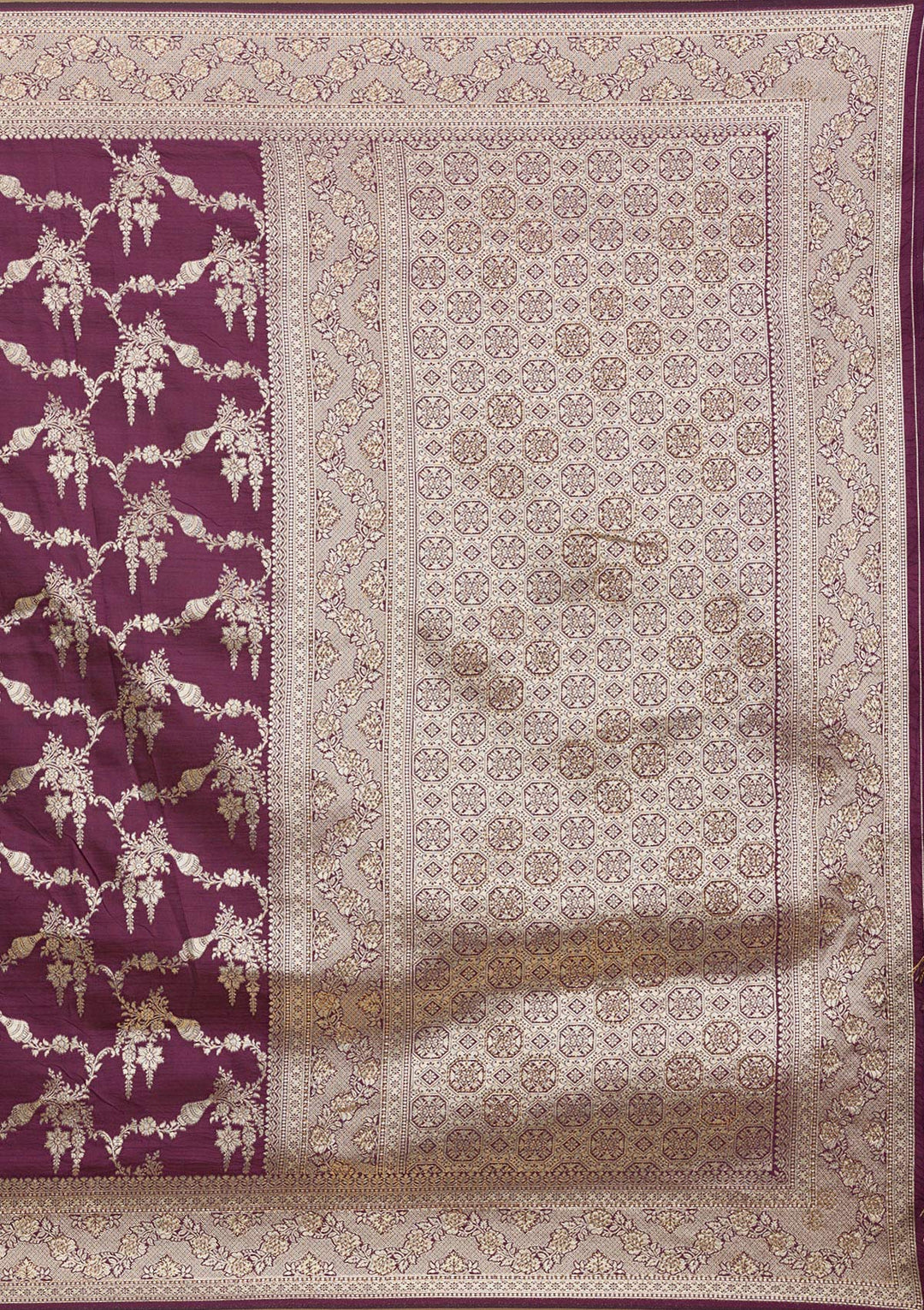 Wine Silk Jaal Gold Zariwork Saree With Matching Blouse Piece