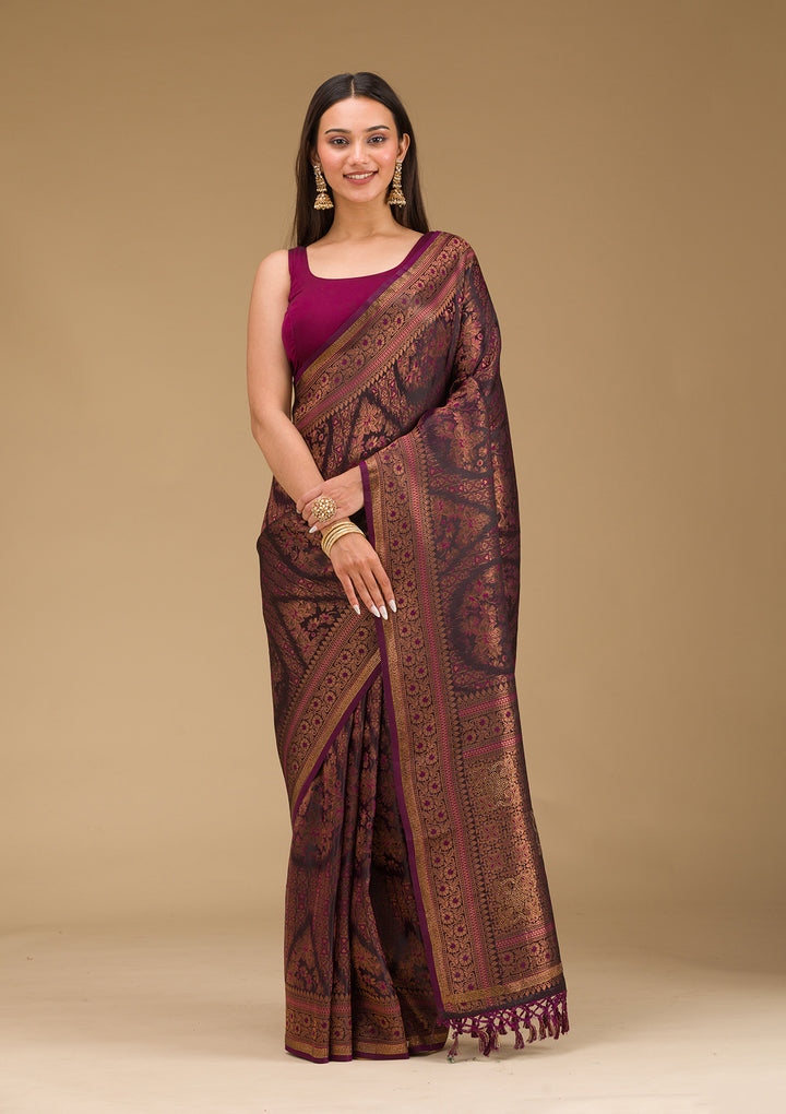 Wine Silk Jaal Gold Zariwork Saree With Matching Blouse Piece