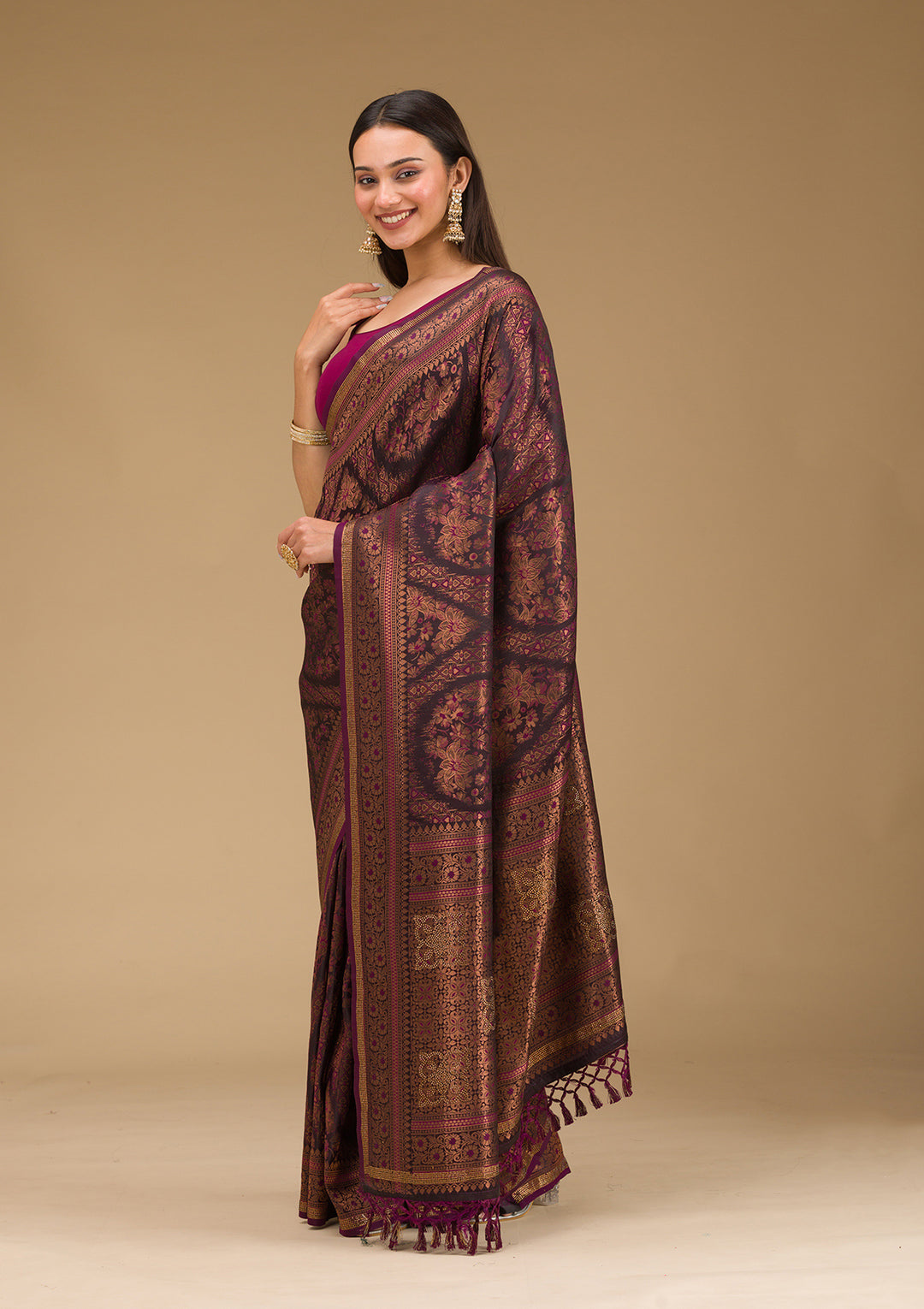 Wine Silk Jaal Gold Zariwork Saree With Matching Blouse Piece