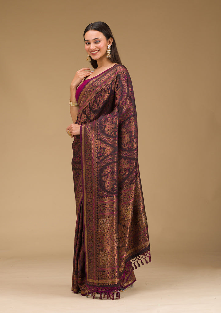 Wine Silk Jaal Gold Zariwork Saree With Matching Blouse Piece