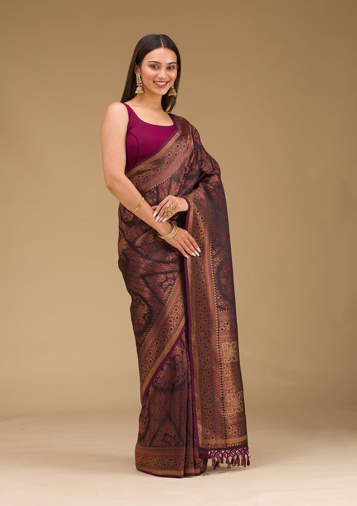 Wine Silk Jaal Gold Zariwork Saree With Matching Blouse Piece