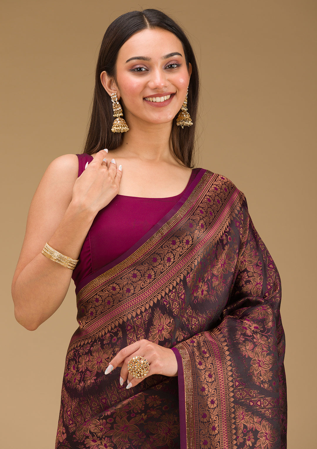 Wine Silk Jaal Gold Zariwork Saree With Matching Blouse Piece