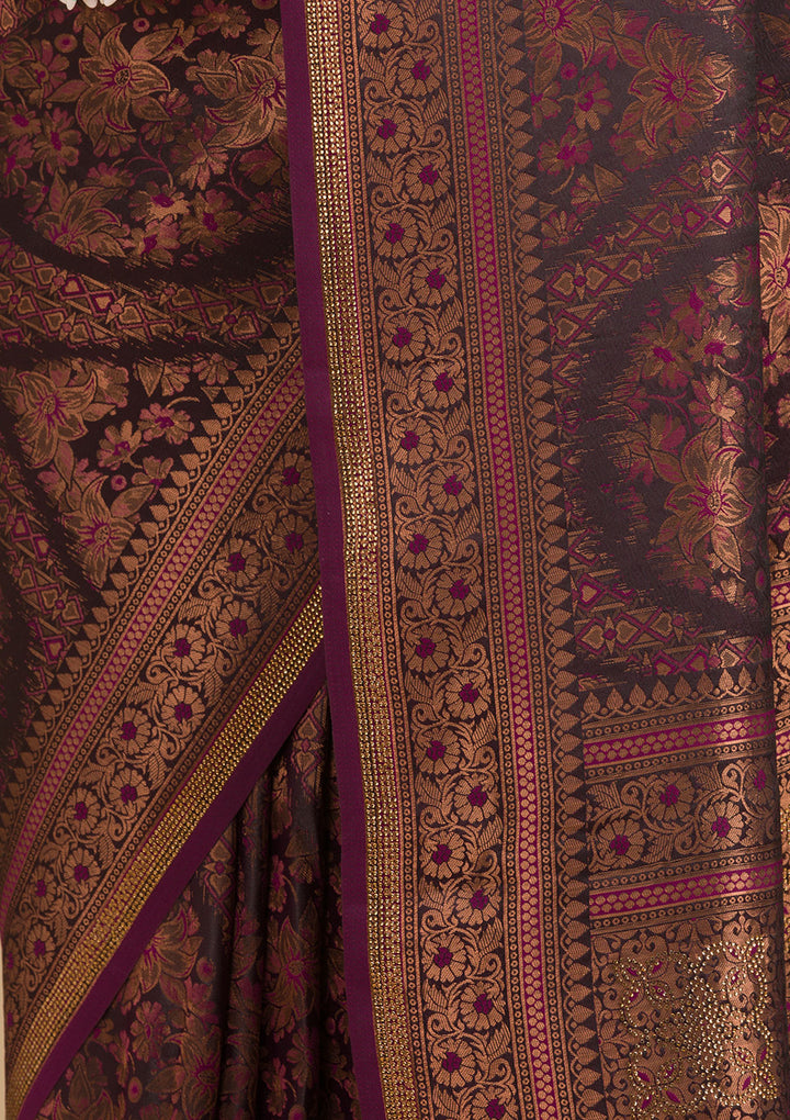 Wine Silk Jaal Gold Zariwork Saree With Matching Blouse Piece