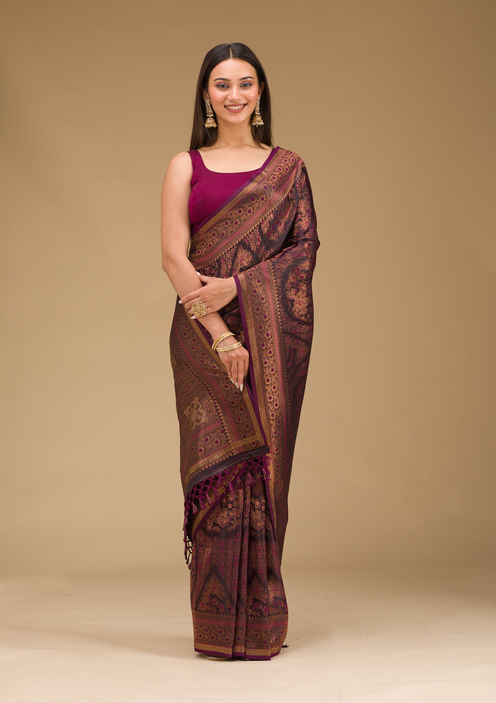 Wine Silk Jaal Gold Zariwork Saree With Matching Blouse Piece