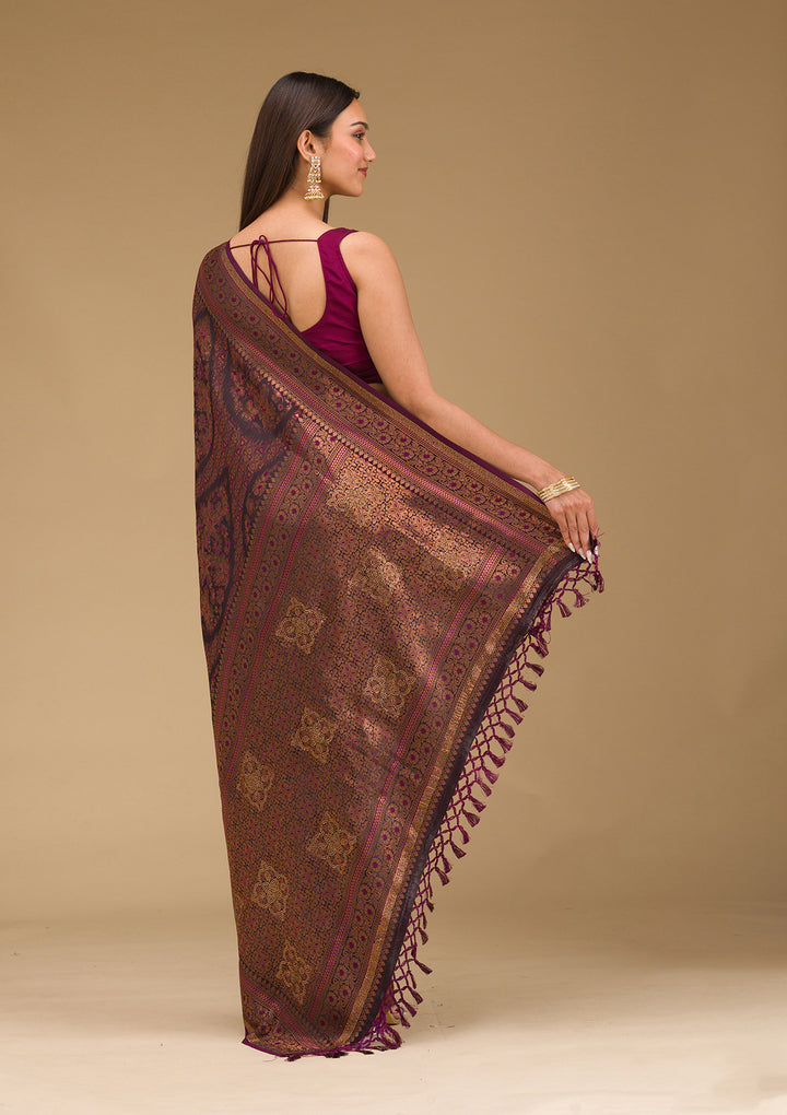 Wine Silk Jaal Gold Zariwork Saree With Matching Blouse Piece