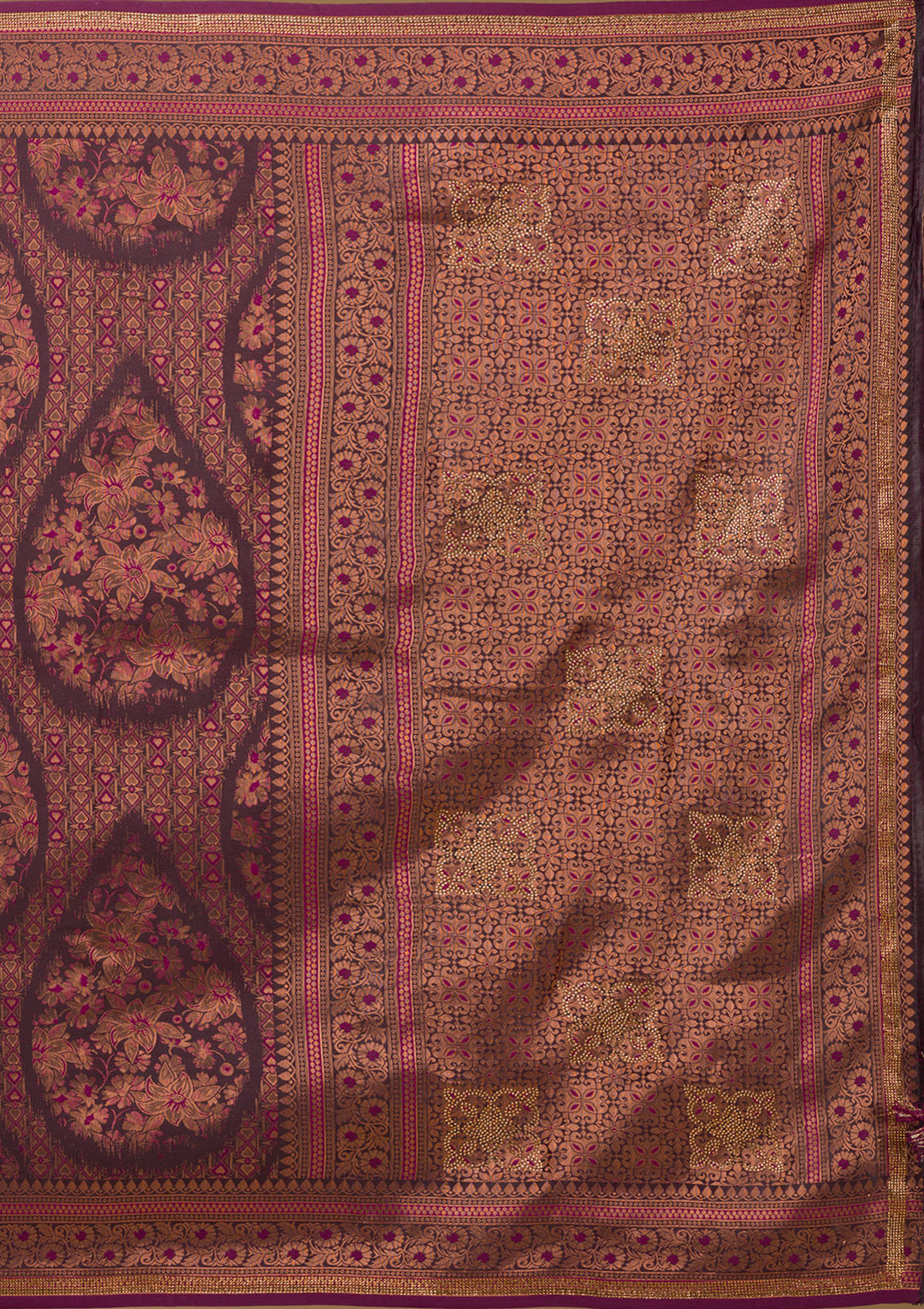 Wine Silk Jaal Gold Zariwork Saree With Matching Blouse Piece