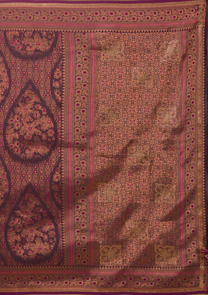 Wine Silk Jaal Gold Zariwork Saree With Matching Blouse Piece