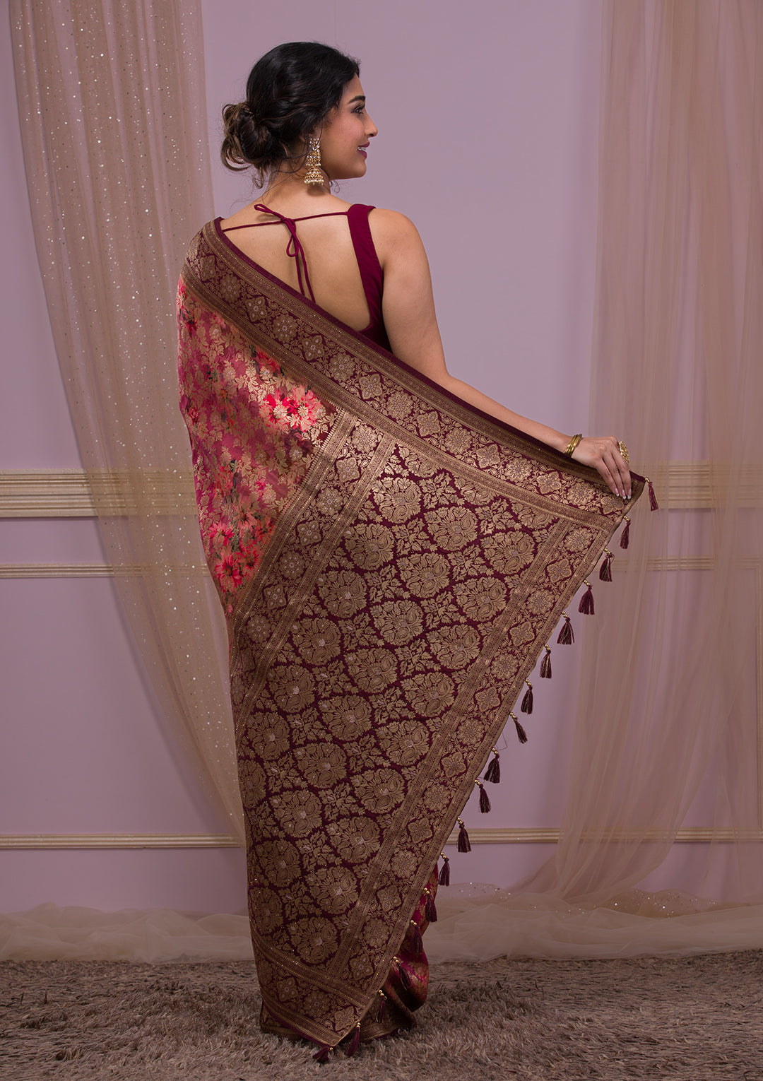 Wine Silk Jaal Printed Saree With Matching Blouse Piece