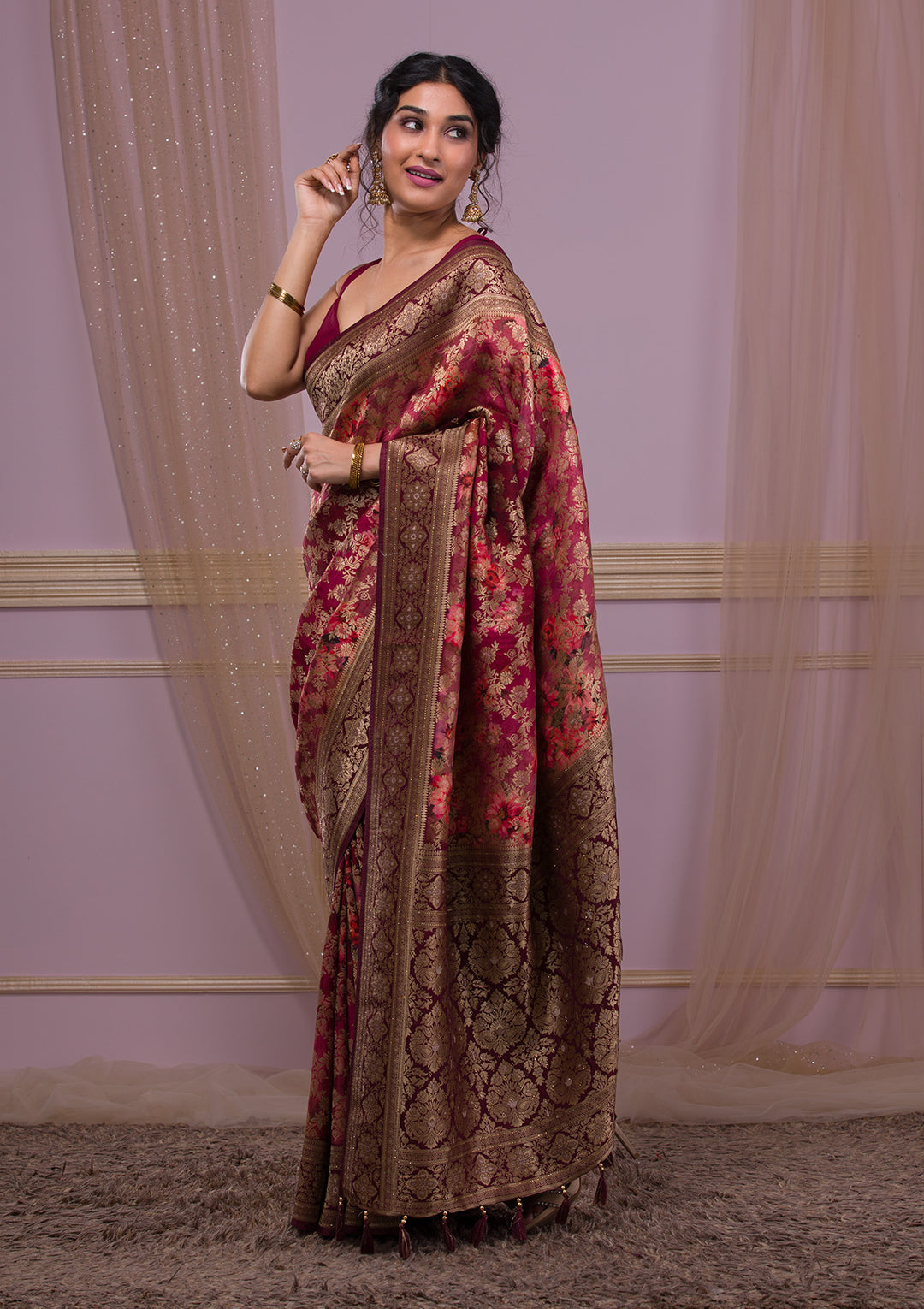 Wine Silk Jaal Printed Saree With Matching Blouse Piece