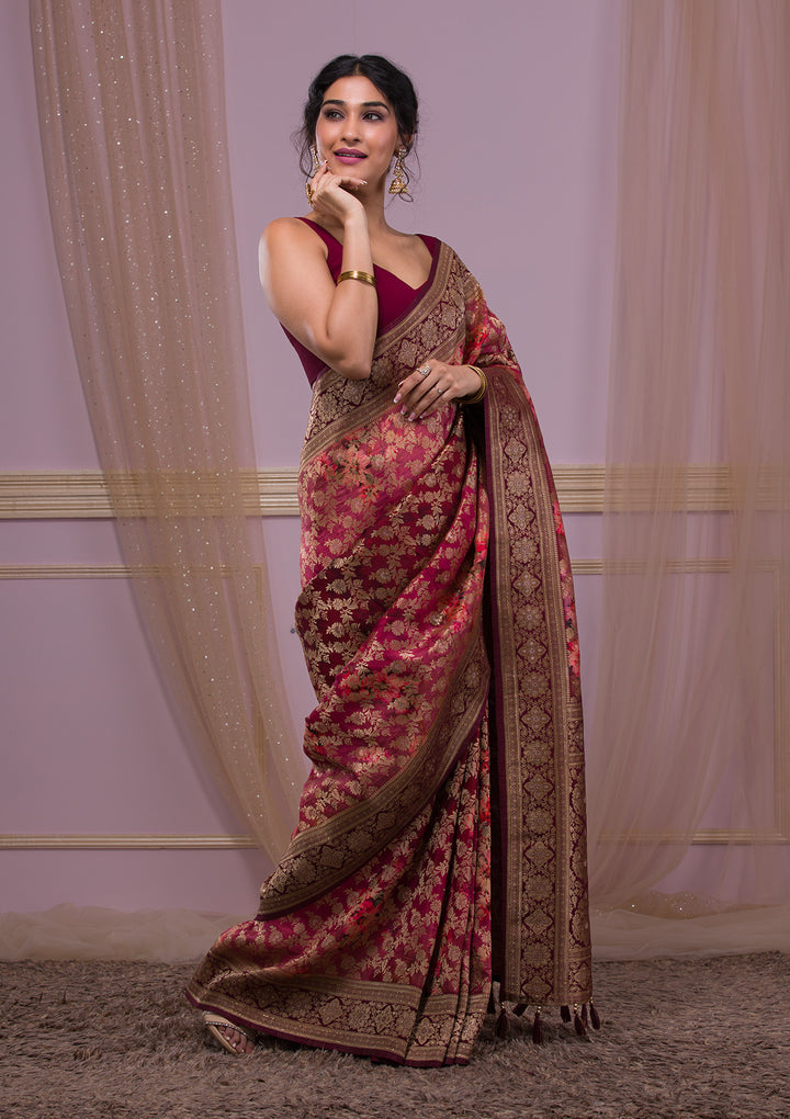 Wine Silk Jaal Printed Saree With Matching Blouse Piece