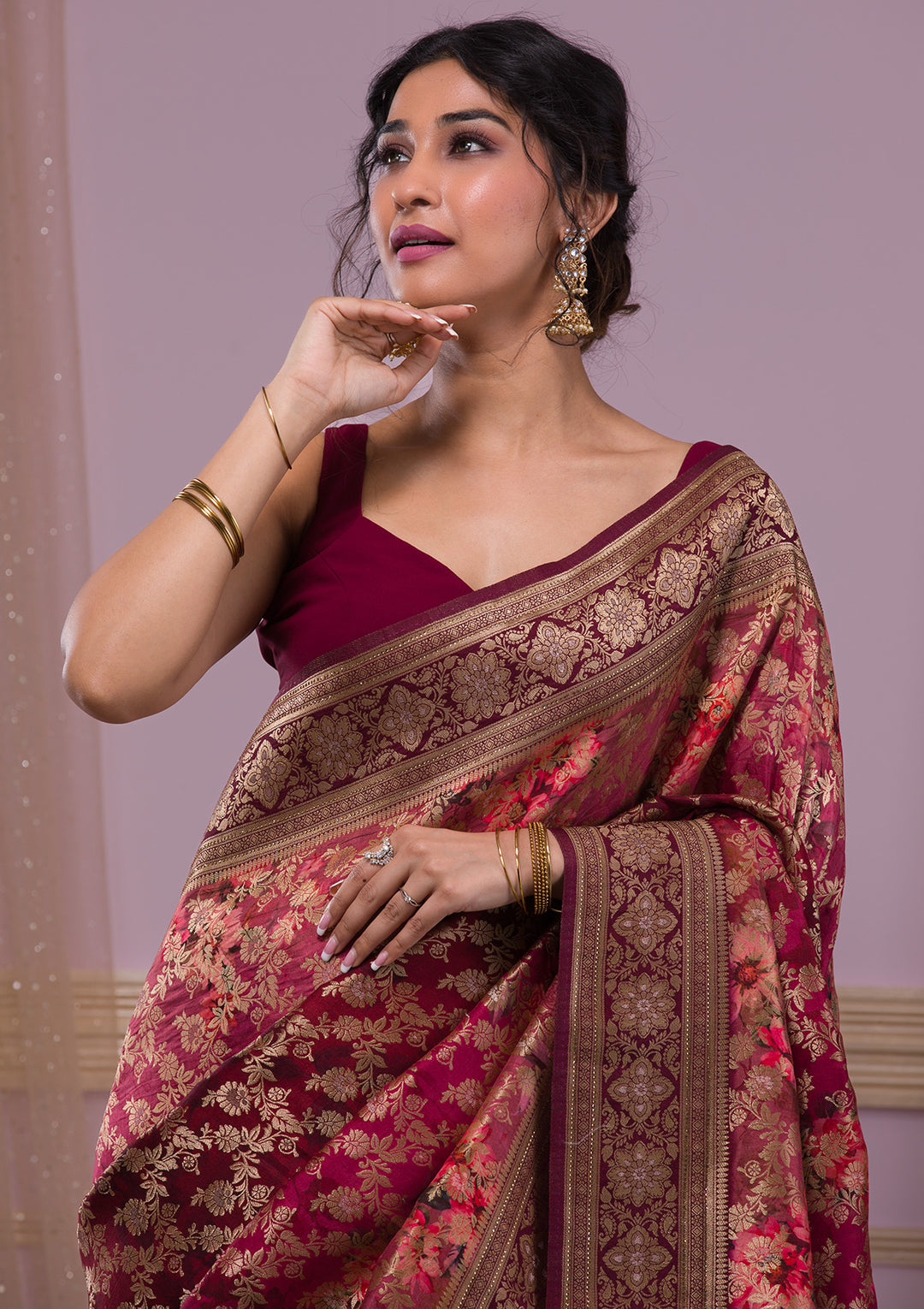 Wine Silk Jaal Printed Saree With Matching Blouse Piece