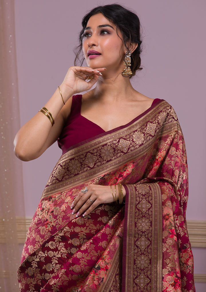 Wine Silk Jaal Printed Saree With Matching Blouse Piece