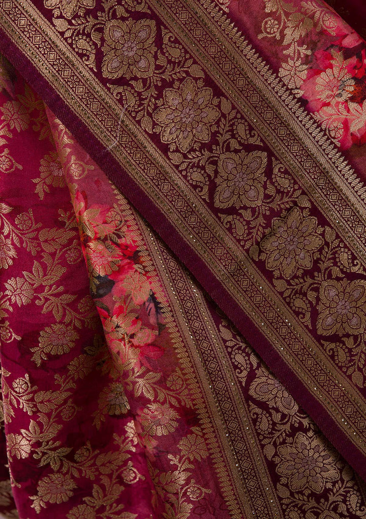 Wine Silk Jaal Printed Saree With Matching Blouse Piece