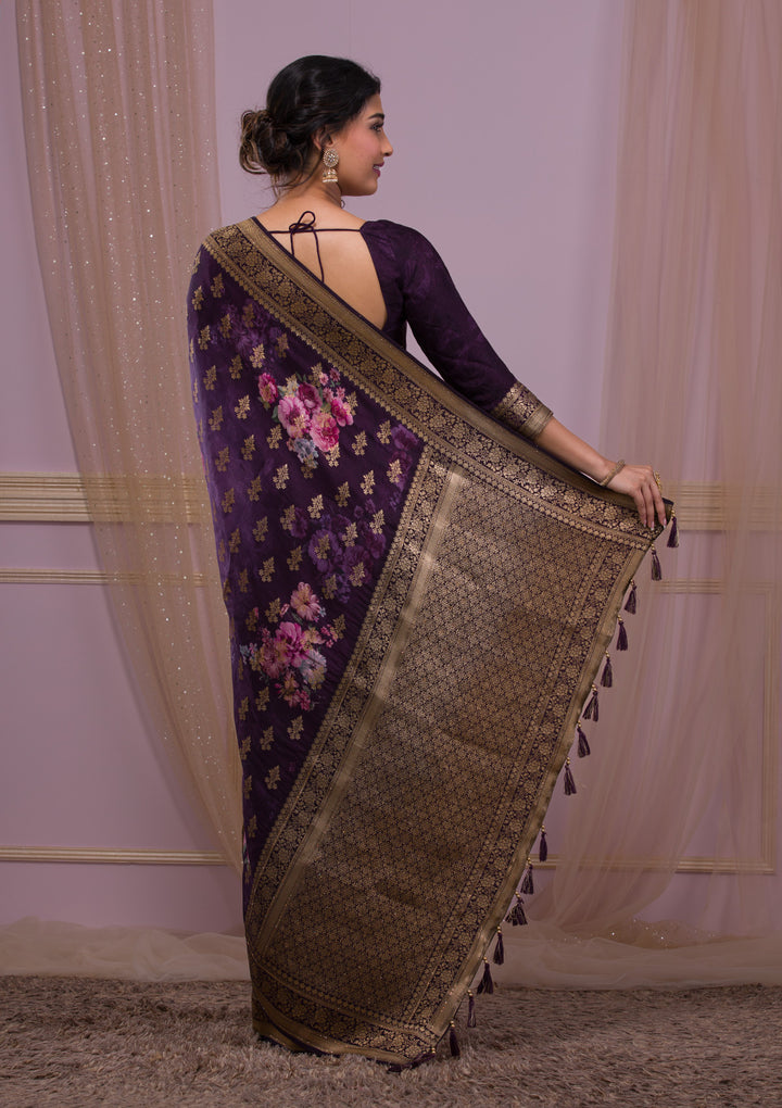 Wine Silk Jaal Printed Saree With Matching Blouse Piece