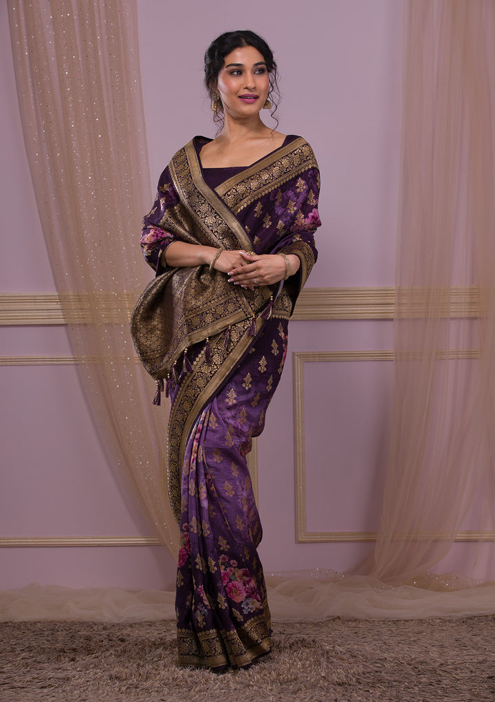 Wine Silk Jaal Printed Saree With Matching Blouse Piece