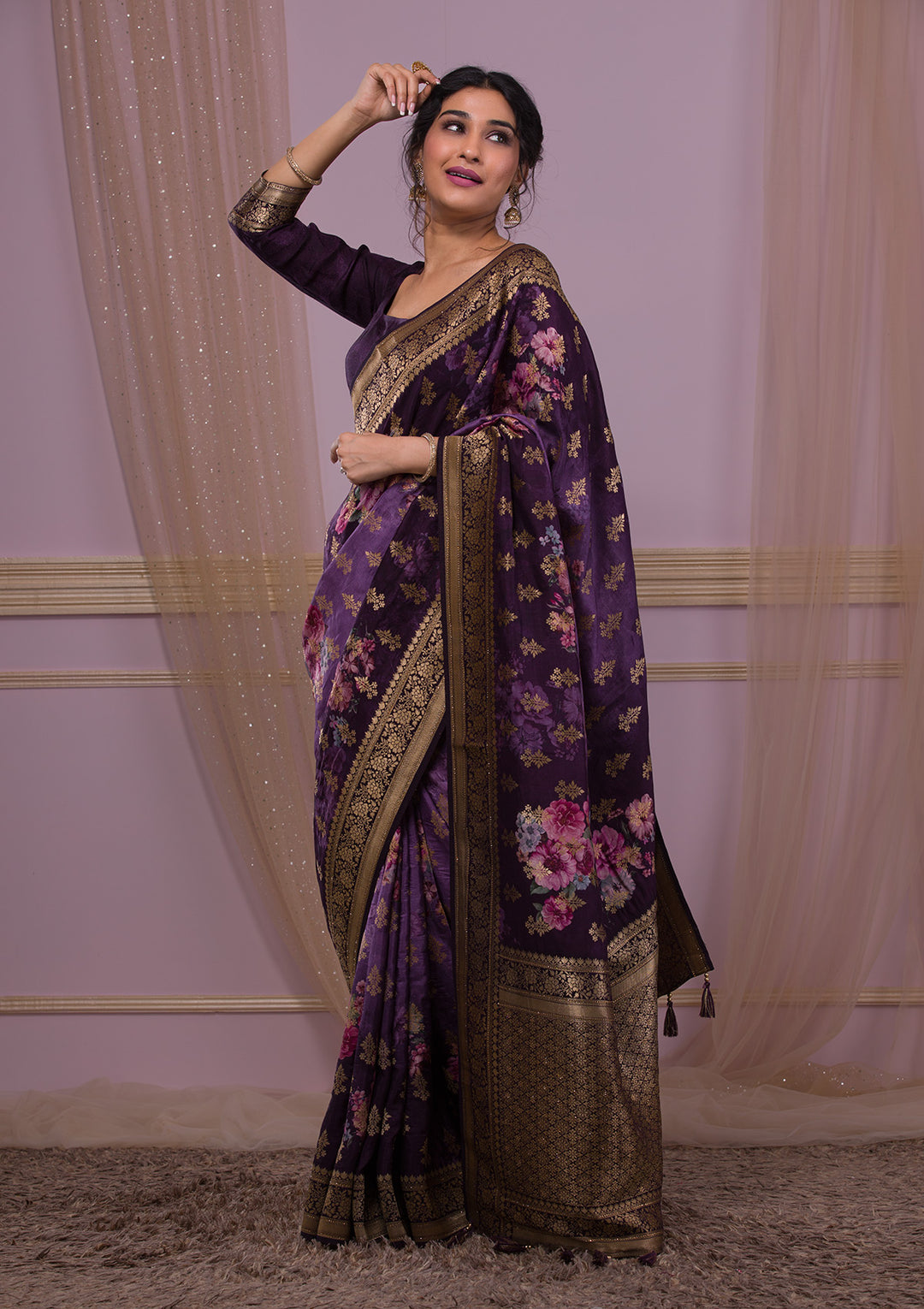 Wine Silk Jaal Printed Saree With Matching Blouse Piece