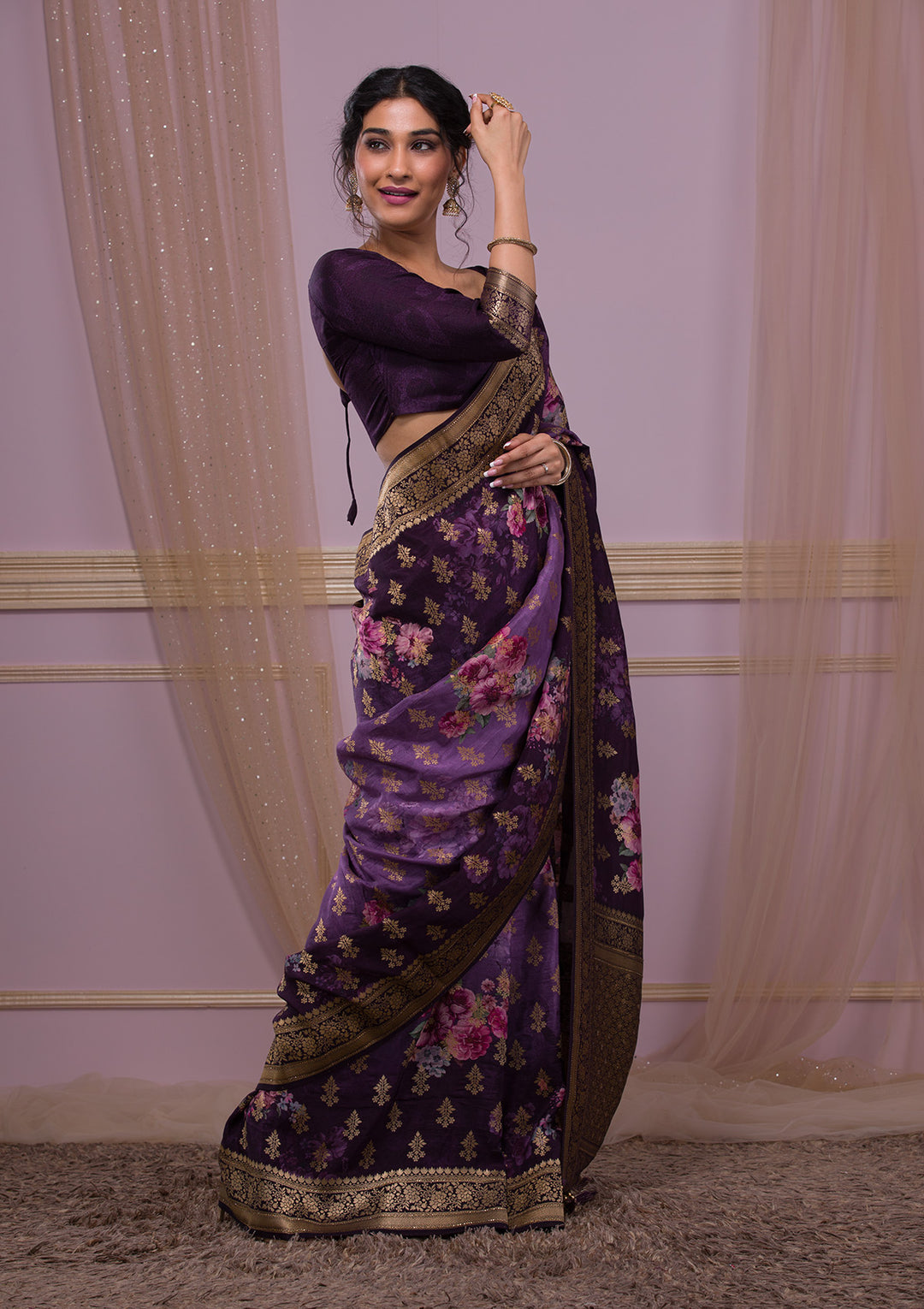 Wine Silk Jaal Printed Saree With Matching Blouse Piece