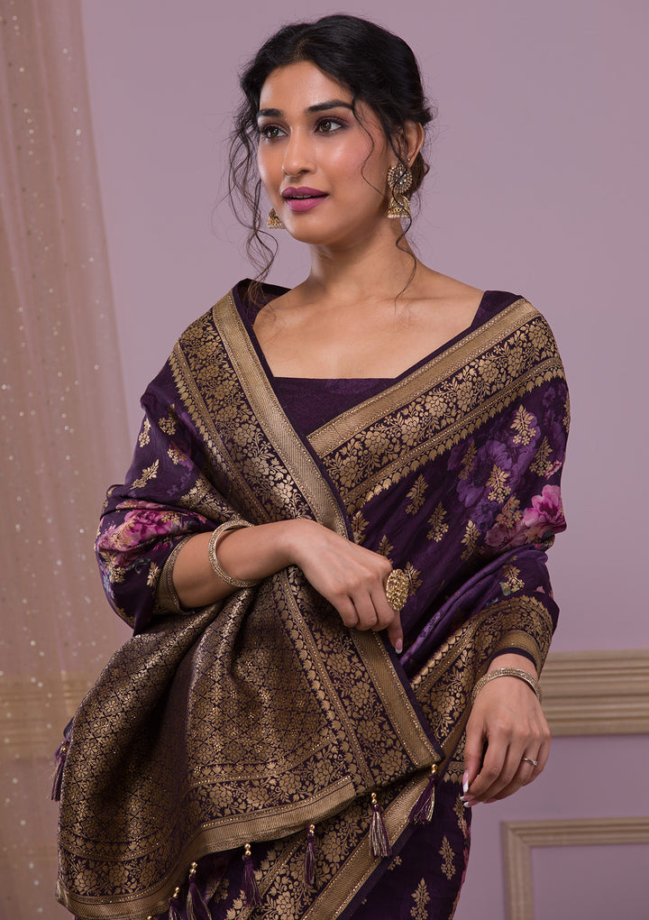 Wine Silk Jaal Printed Saree With Matching Blouse Piece