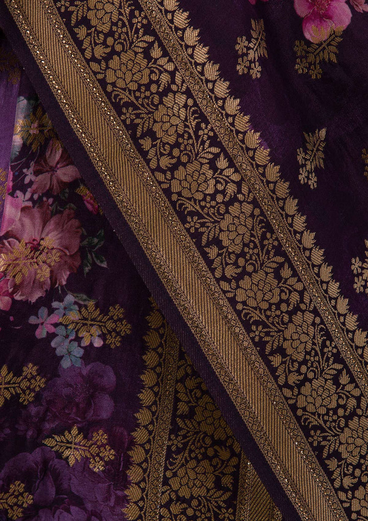 Wine Silk Jaal Printed Saree With Matching Blouse Piece