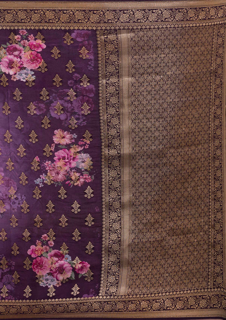 Wine Silk Jaal Printed Saree With Matching Blouse Piece