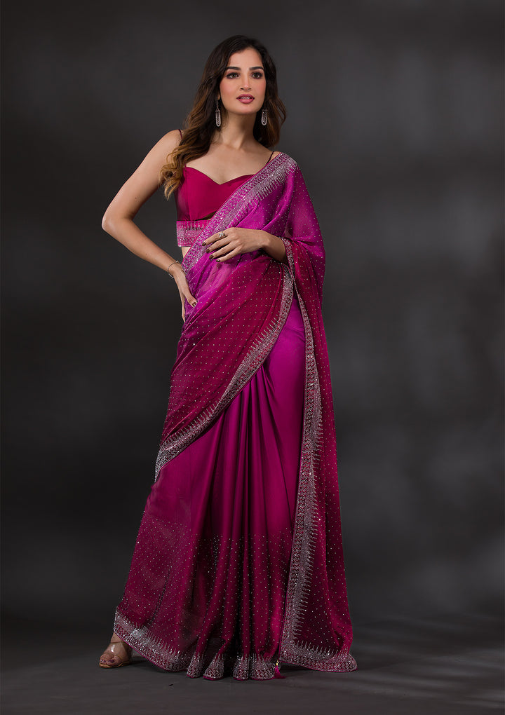 Ombre Wine Stonework Satin Designer Saree
