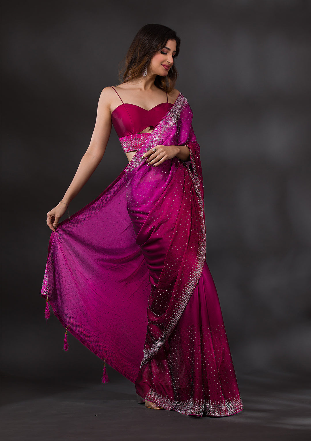 Ombre Wine Stonework Satin Designer Saree