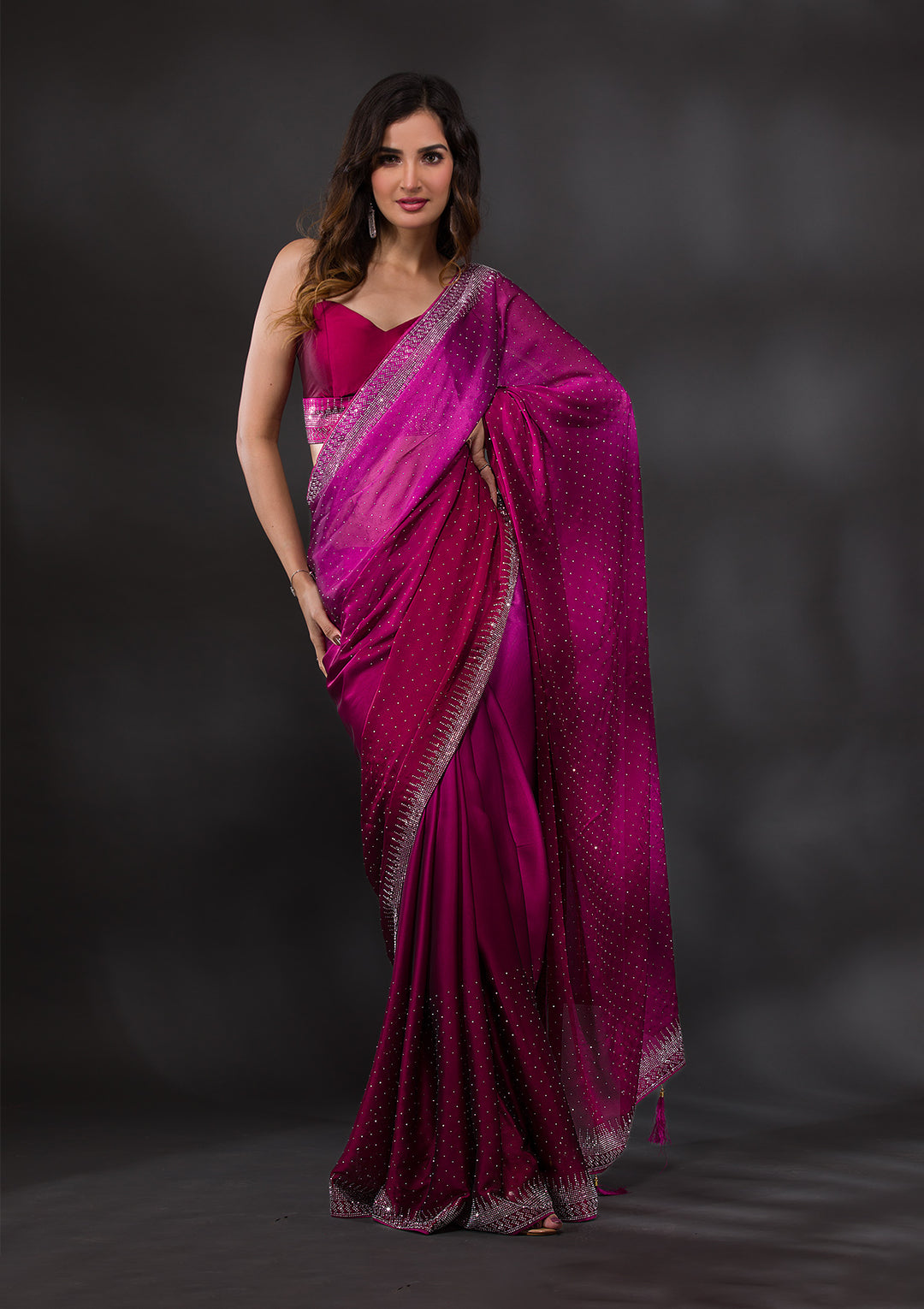 Ombre Wine Stonework Satin Designer Saree