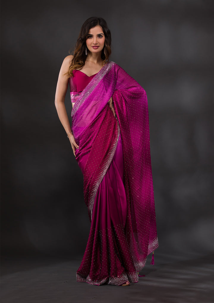 Ombre Wine Stonework Satin Designer Saree