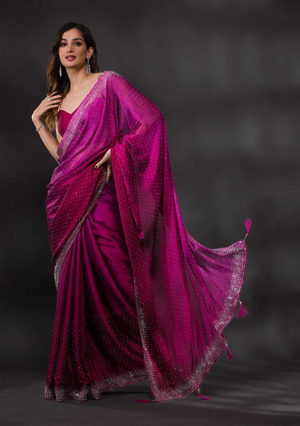 Wine Swarovski Semi Crepe Designer Saree-Koskii